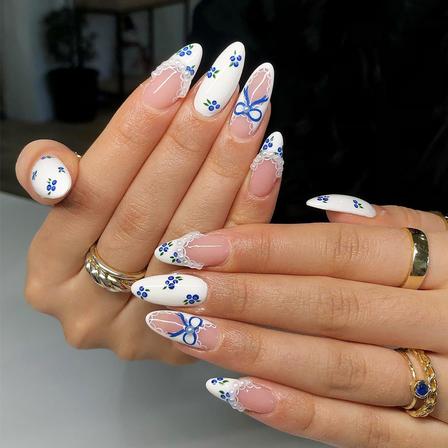 French Tip Press on Nails Long Almond, White Nude Fake Nails with Pearl Rhinestones Design, Blueberry Bow Acrylic Nails Full Cover Glossy False Nails for Women Manicure Decoration, 24PCS