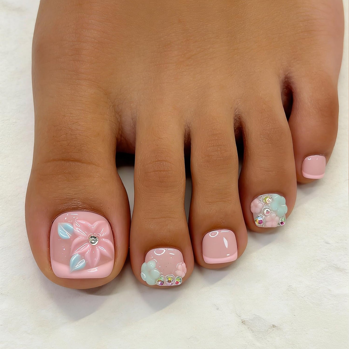 10 Pcs Handmade Luxury Press on Toenails with Handmade 3D Bling Rhinestones & Flower Designs Short Square Stick on Toe Nails Pink French Tip Fake Toe Nails for Women Manicure Decor (S)