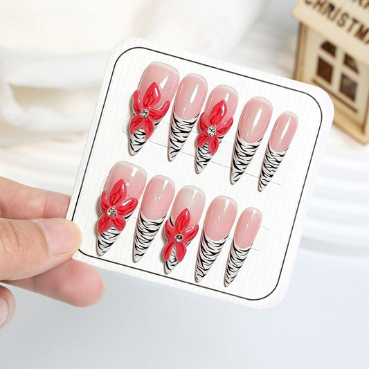 10 Pcs Handmade Press on Nails Long Stiletto Fake Nails with Design Zebra Print French Tip False Nails 3D Red Flower Acrylic Press Ons Nails for Women Manicure - Size M