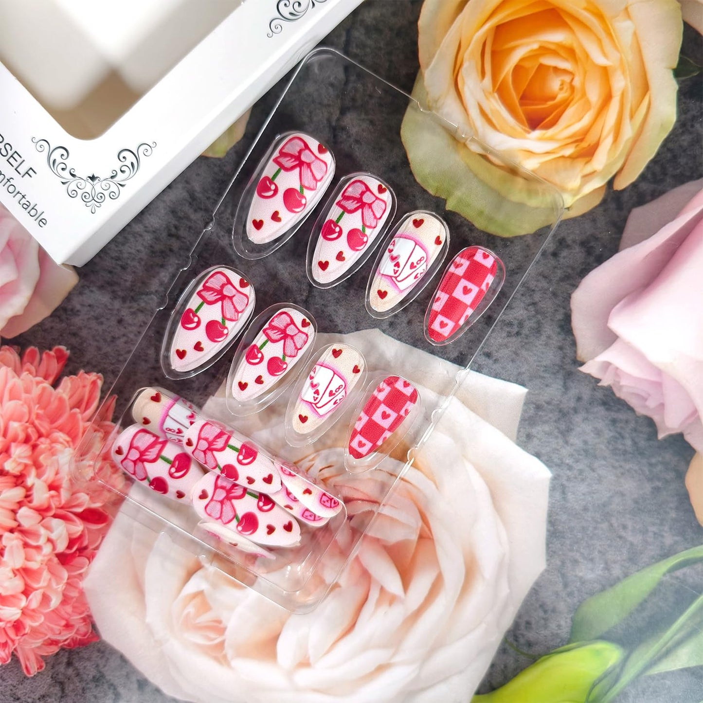 Valentines Press on Nails Medium Length Artificial Acrylic Almond Red Love False Nails Cherry with Poker Design Heart Full Cover Glossy Glue on Nail Artificial Fingernails for Women Festival Manicure