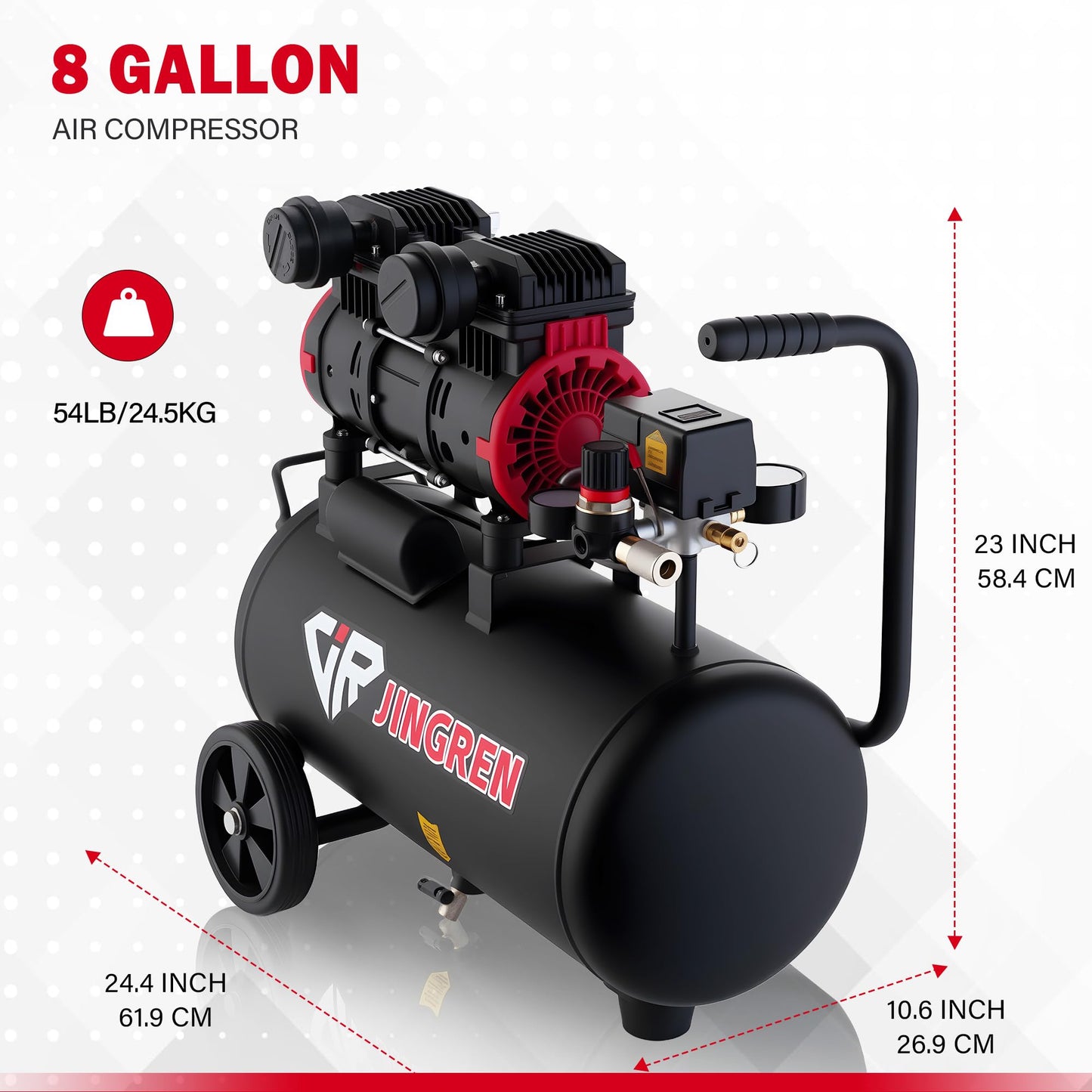 JIR JINGREN 8 Gallon Ultra Quiet Air Compressor, 2HP 4.2CFM, Max 120 PSI Oil-Free Air Compressor Tank, 120V/11A, 68dB for Car Repair, Spray Painting, Woodwork Nailing（With Accessories Kit）
