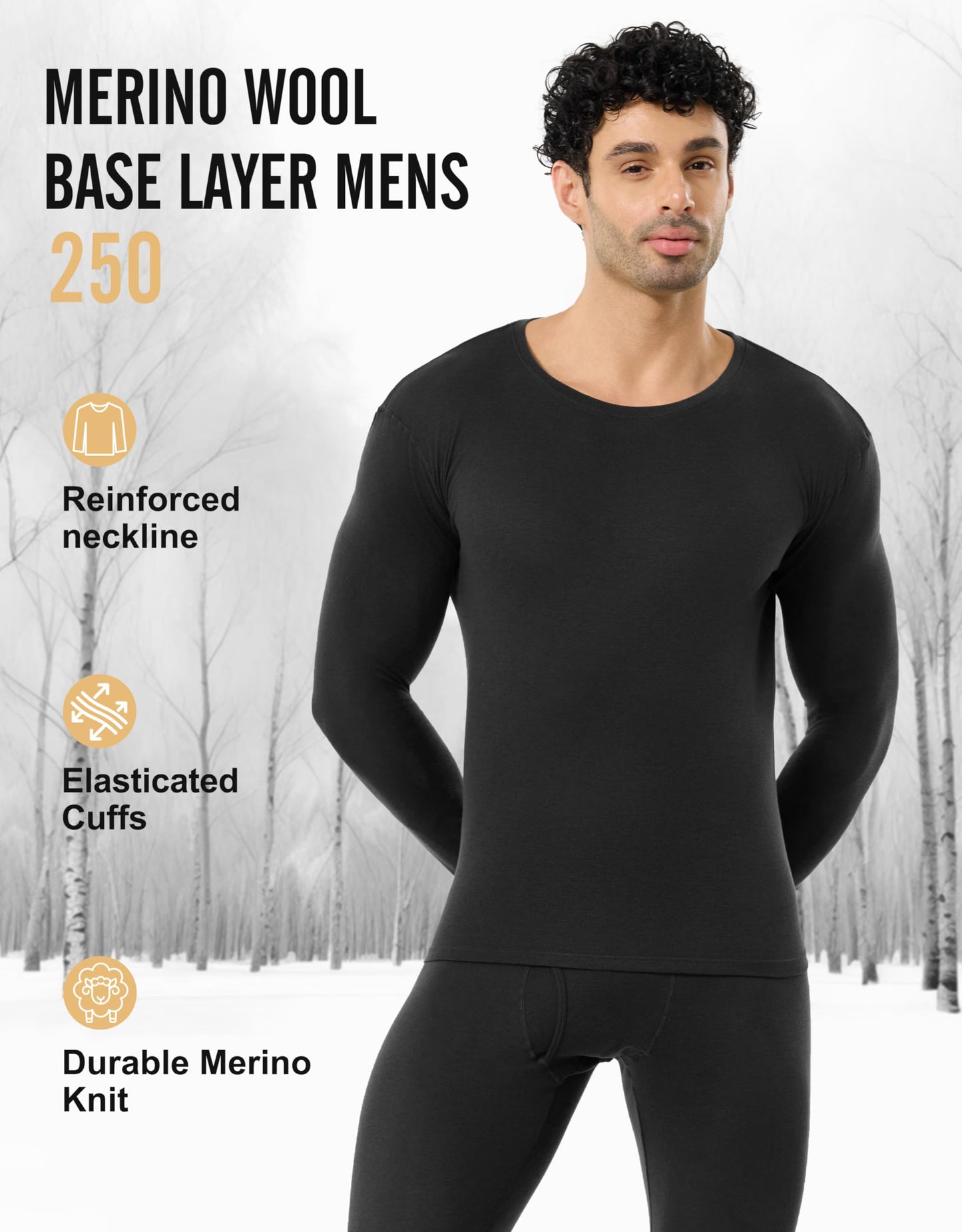 FORVEVO Merino Wool Base Layer Mens, 100% Merino Wool Long Sleeve Shirts for Men, Thermal Underwear Tops for Winter Ski (Black, 250g, L)