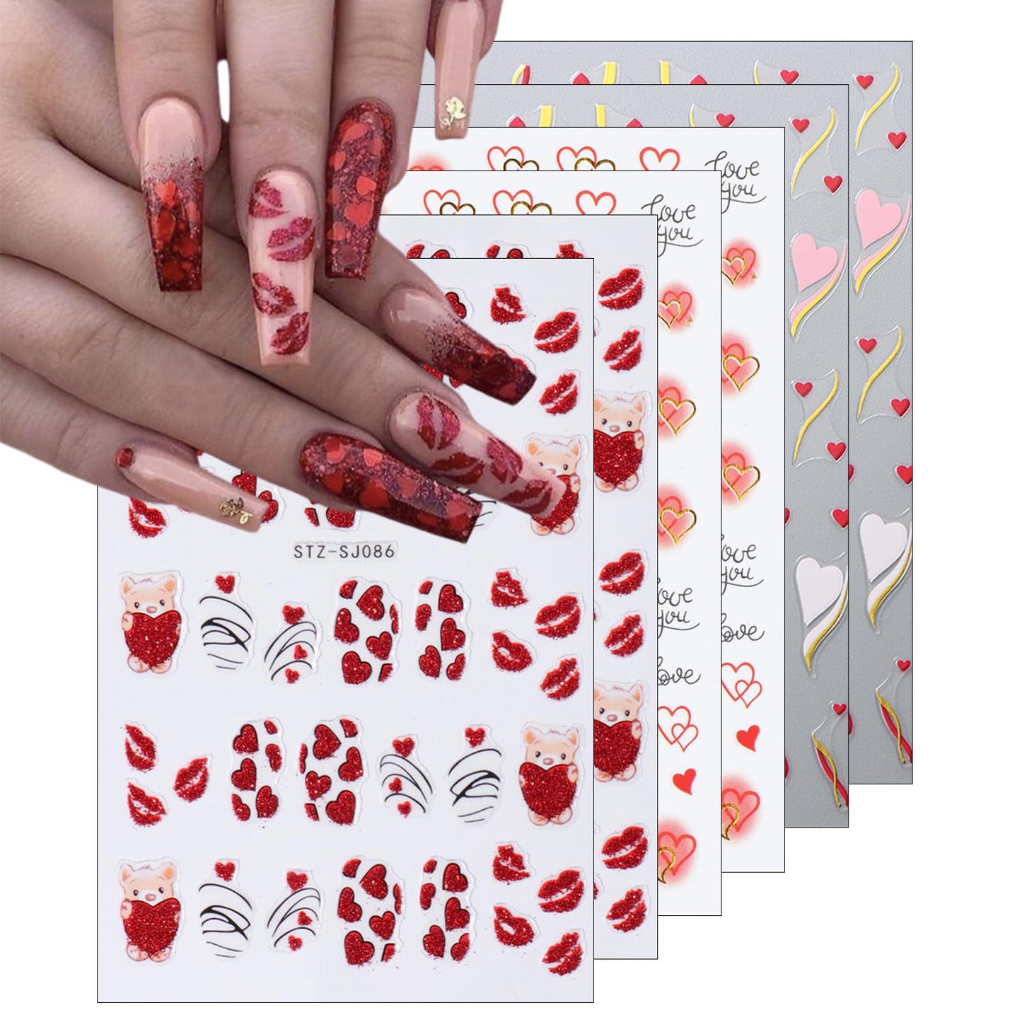 6pcs Valentine's Day Nail Art Stickers 3D Heart Shape Self-Adhesive Cute Bear White Red Pink Love Heart Design Nail Decals Gold Curve Design Nail Decals Suitable for Women Girls Nail Art Decoration