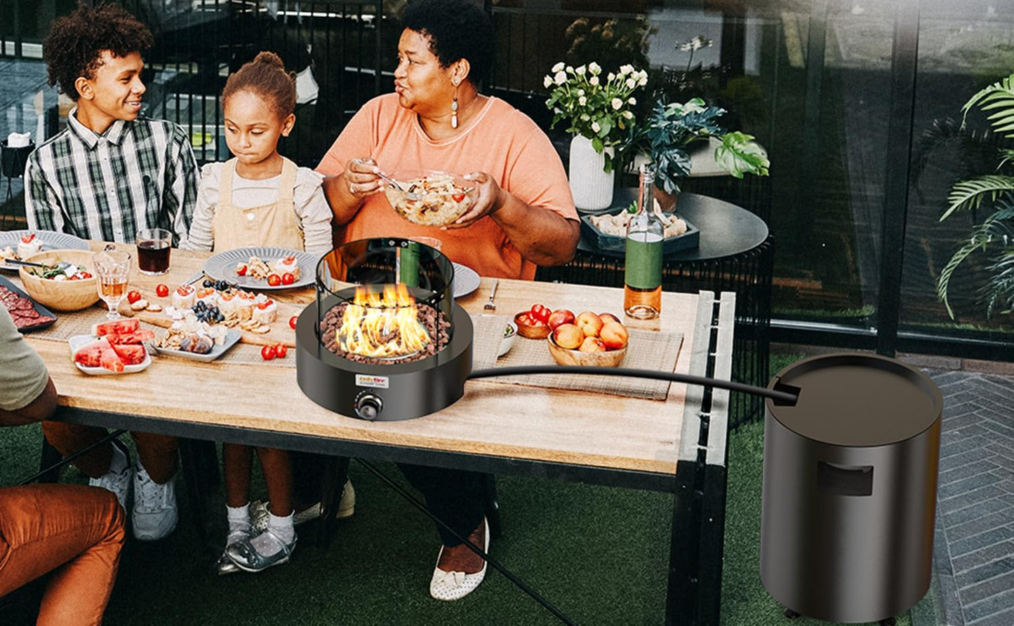 ONLYFIRE OUTDOOR LIVING Detachable Gas Fire Pit with Lava Rocks, Glass Shield & Wheels, Smokeless Propane Firepit with Hose for Patio Backyard Camping RV Tailgating Restaurant Beach, Round, FP034