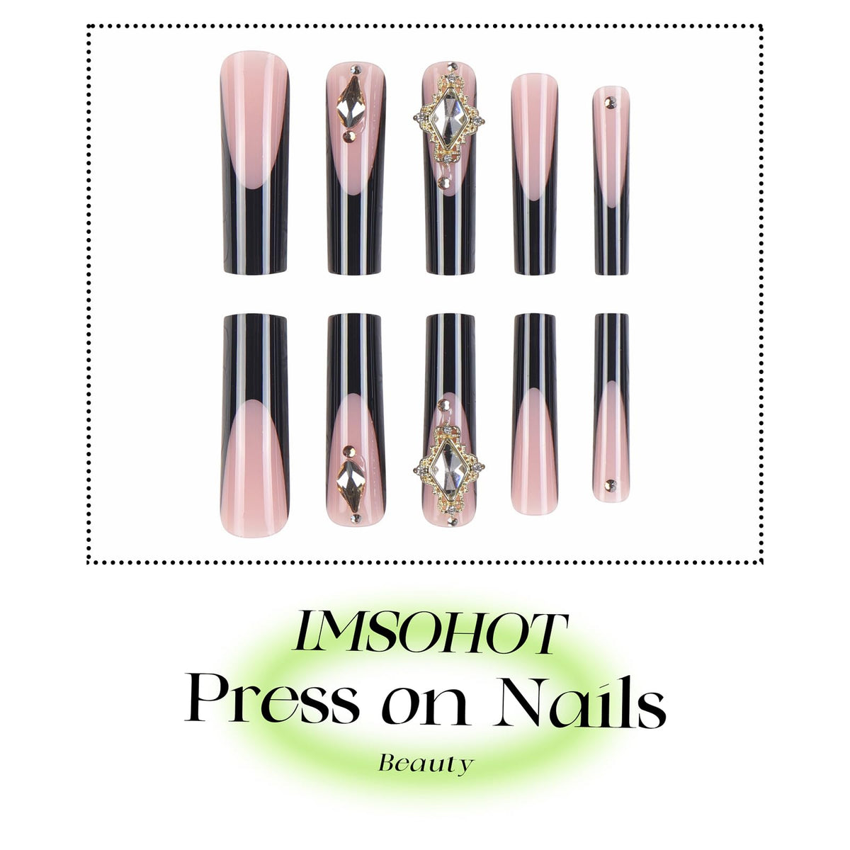 IMSOHOT French Tip Press on Nails Long Square Fake Nails with Golden Rhinestone Design Black Nail Tips Glossy Glue on False Nails Full Cover Stick on Nails for Women