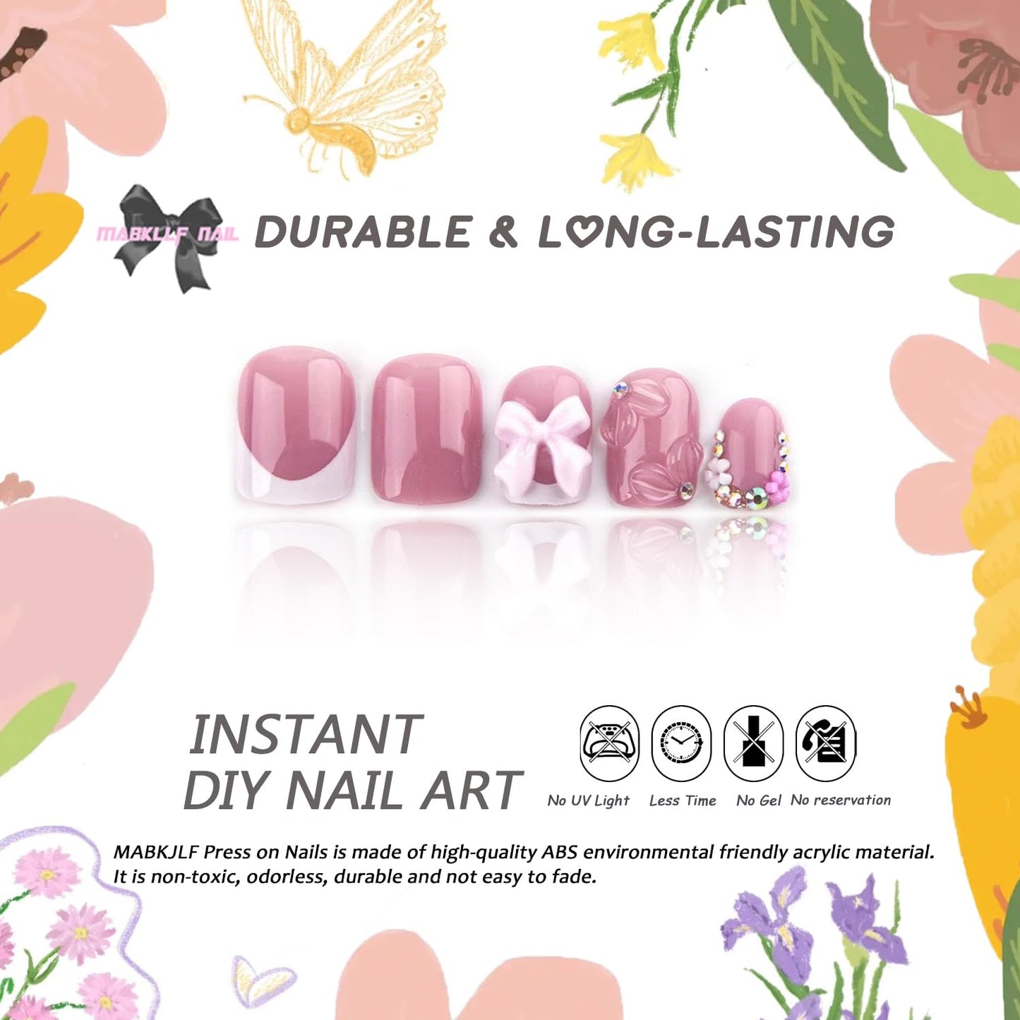 Handmade Press on Nails Short Square Cute French Tip Fake Nails 3D False Nails with Designs Flower Bow Charms Pink & White Glossy Glue on Nails Stick on Nails Acrylic Nails for Women Girls 24 Pcs