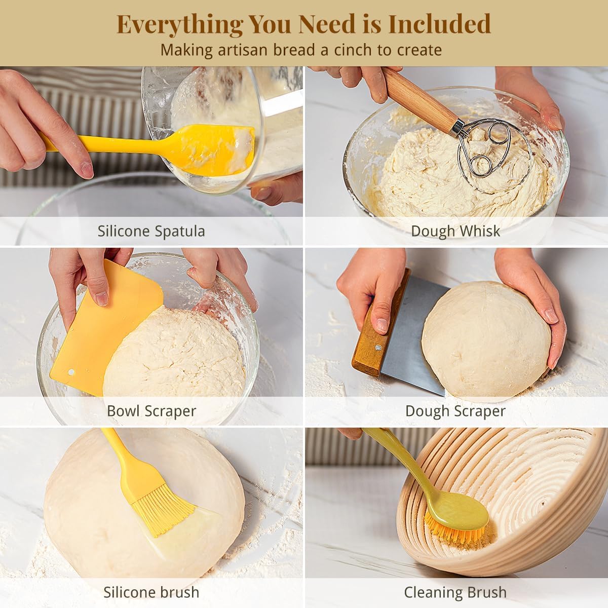 BAVIFY 10 Inch Oval Banneton Bread Proofing Basket Sourdough Starter Kit, Sourdough Bread Baking Supplies with Bread Lame, Sling, Spatula, Scraper, Dough Whisk