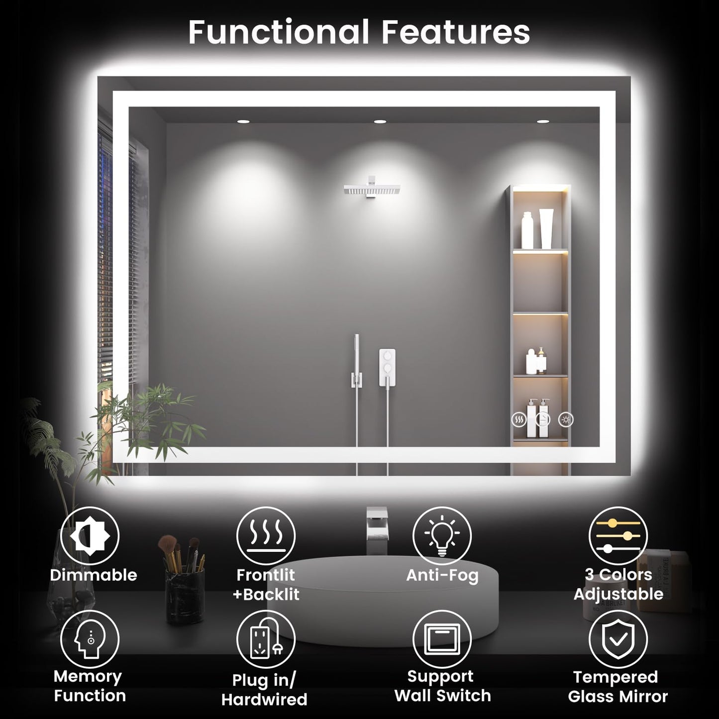 40X30 LED Bathroom Mirror with Lights, Anti-Fog, Backlit + Front Lit, Lighted Bathroom Vanity Mirror for Wall, Memory Function, Dimmable, Tempered Glass, Shatter-Proof