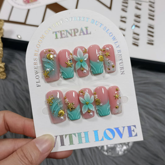 TENPAL Handmade Coffin Press on Nails Medium- Emerald Green Blushing Ombre Fake Nails with 3D Starfish & Shell Design, Coastal Elegance Style Glossy Acrylic Flowers False Nails with Tools(L)