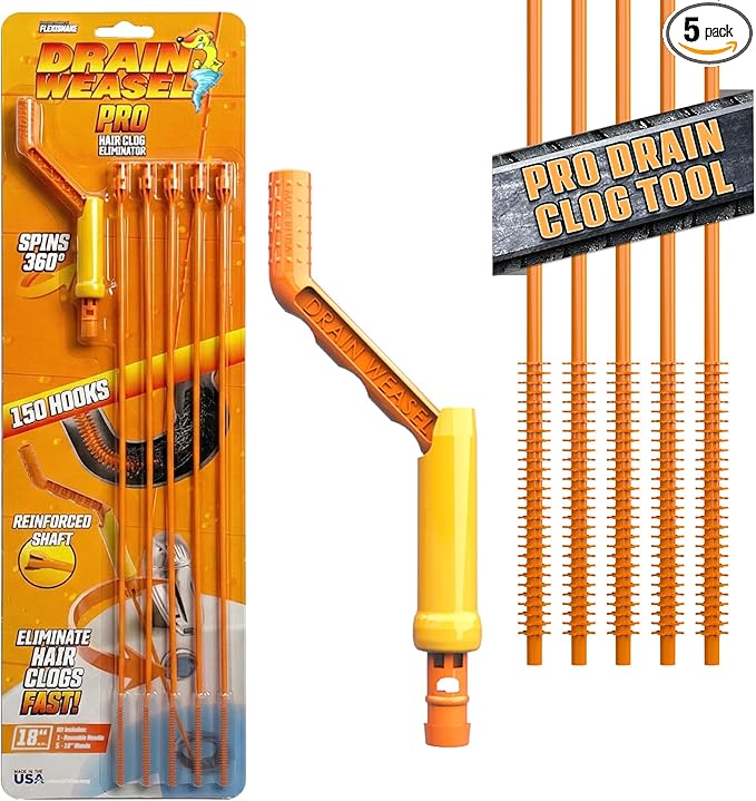 FlexiSnake Pro Drain Weasel Sink Snake Cleaner with New Molded Tip - 18â³ - Drain Snake Clog Remover Tool with Rotating Handle & 5 Wand Refills - Easy to Use on Drains & Grates - Made in USA - 5-Pack