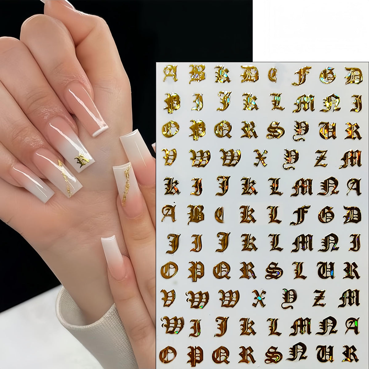 8 Sheets Old English Nail Art Stickers Decals Black and White Letters Characters Nail Decals Laser Glitter Gold Alphabet Nail Art Design Letter Words Nail Stickers for Women Girls Nail Decoration