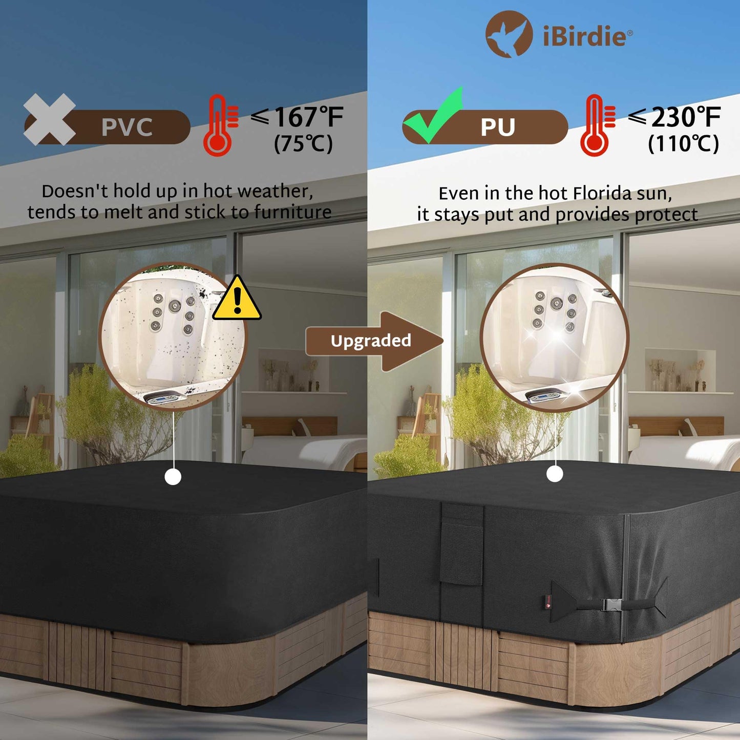 iBirdie Outdoor Waterproof Rectangular Hot Tub Cover 73 x 62 inch fit 72 x 61 or 71 x 60 or 70 x 59 SPA 600D Heavy Duty Rectangle Weatherproof Protectors Protective Cover Cap