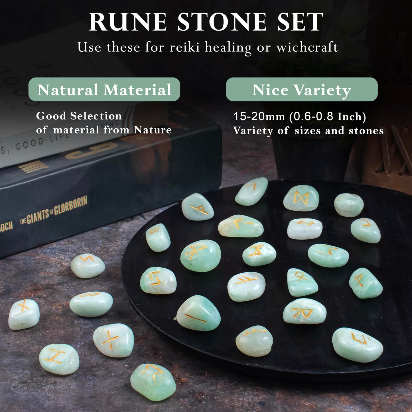 Crocon Amazonite Rune Stones Sets for Beginners with Elder Futhark Alphabets for Healing Chakra Crystals Reiki feng Shui Gemstone Runes Set Size: 15-20 mm with a Pouch & Rune brochure