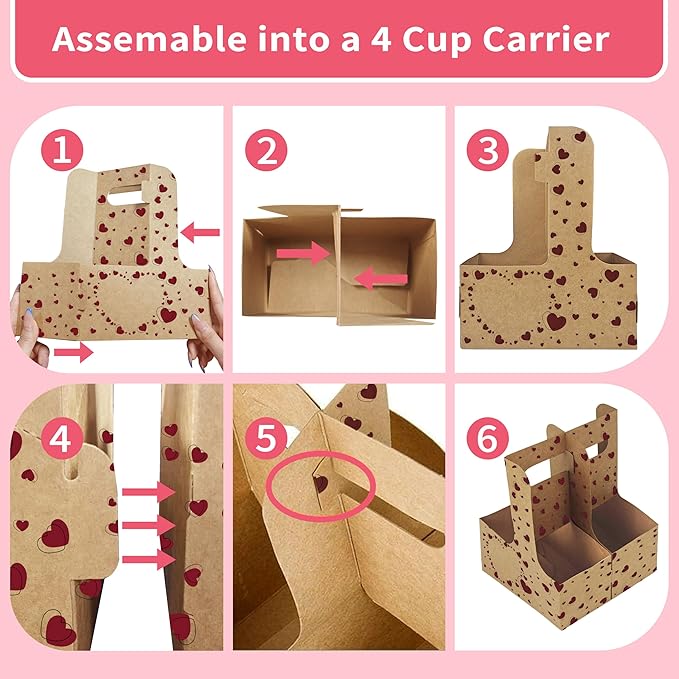 32 Set Drink Carrier,Cardboard Cup Holder with Love, Coffee Cup Holder with Handle,Coffee Carrier with Greeting Card and Ribbon for Valentine's Day Gifts Party Gift,Pink