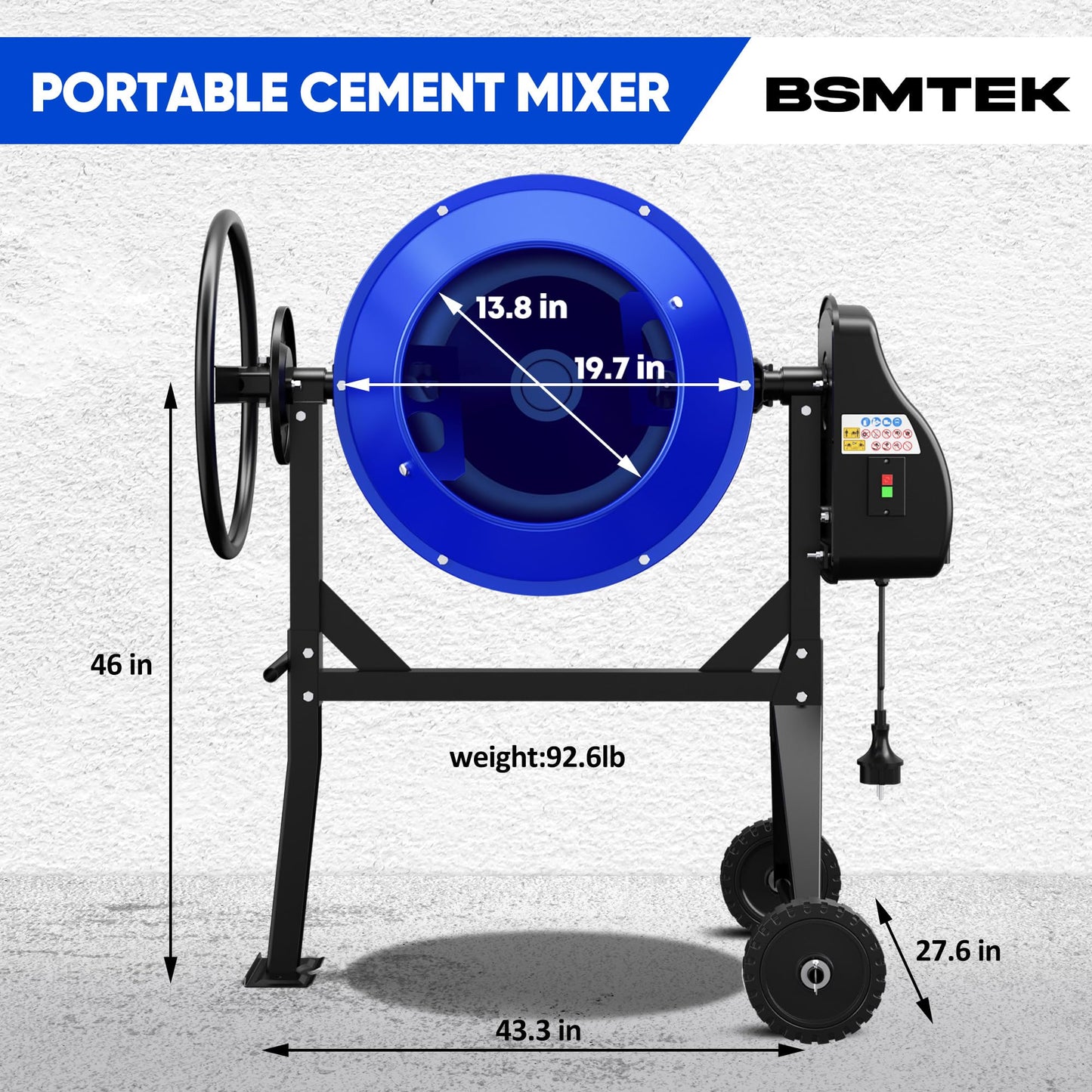 BSMTEK 4.3 Cubic Ft Electric Concrete Mixer, 3/5HP, 450W Portable Concrete Mixer Machine with Stand And Wheels for Stucco, Mortar, Seeds (Blue)