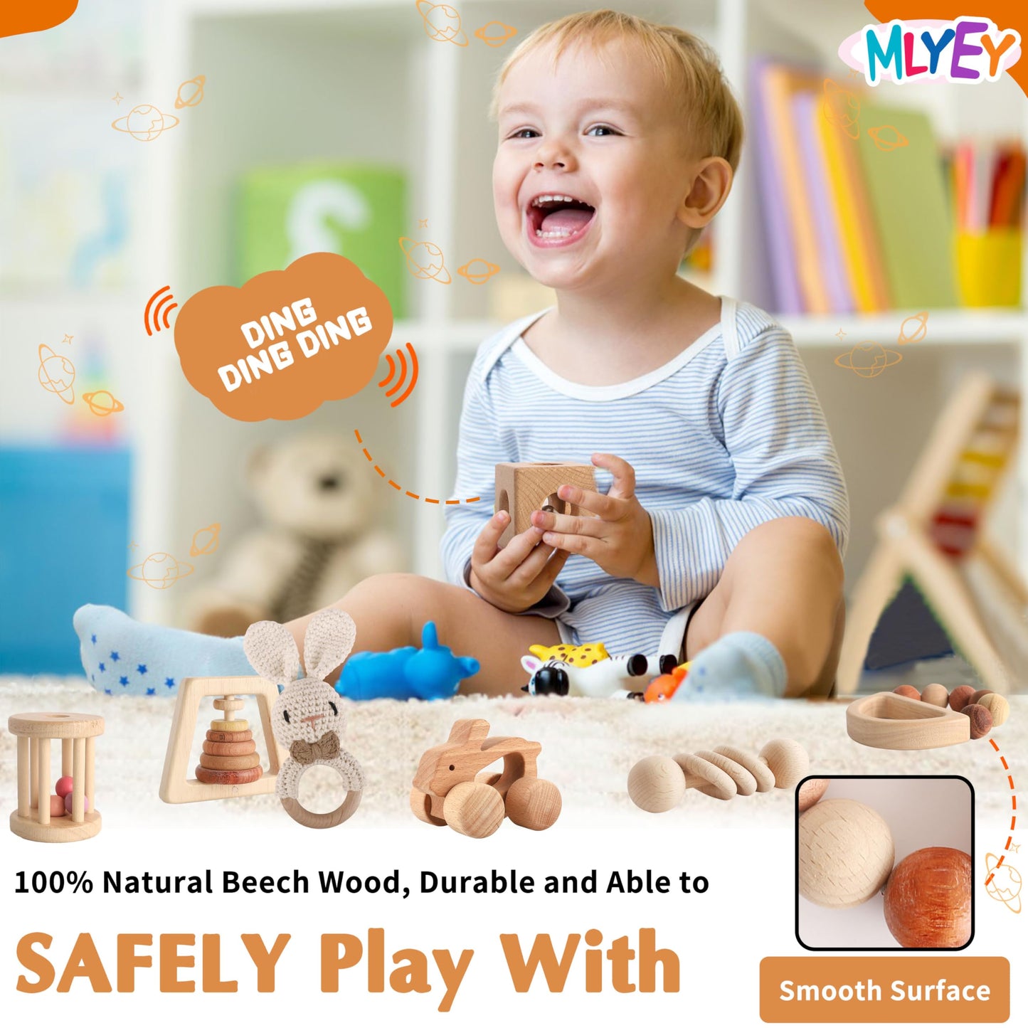 Wooden Toys for Babies, 7PCS Wooden Baby Rattle for 7-24 Months Boys Girls, Natural Wood Montessori Toys Set with Crochet Rabbit Rattle for Infant Grasping, Gift for Baby