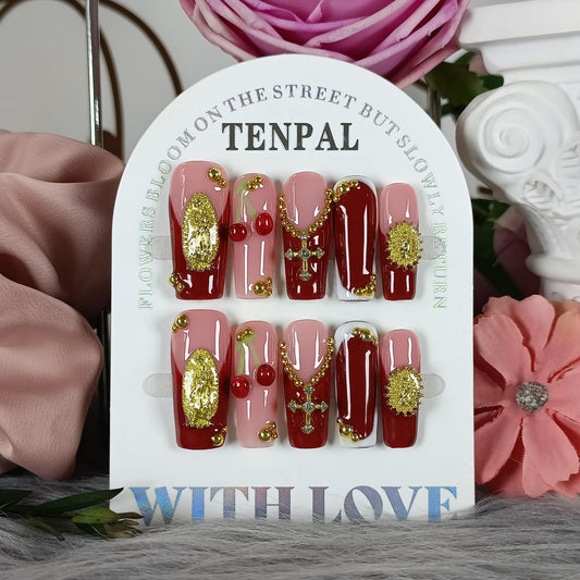 TENPAL Burgundy French Press on Nails Long Square,3D Embossed Cross Design Luxury False Nails for Wedding Party,Elegant Gothic Glue on Nails for Women Girls(L)