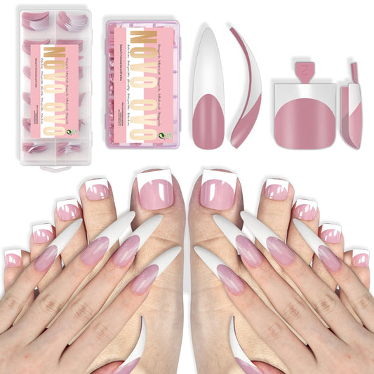 NOVO OVO Sharp Square and Curve Almond White French Tip Matching Set Nail Tips Press on BERRY PINK, Including One Box of Predesigned French Tip Soft Gel x Toe Nail Tips and One Box of Finger Nail tips