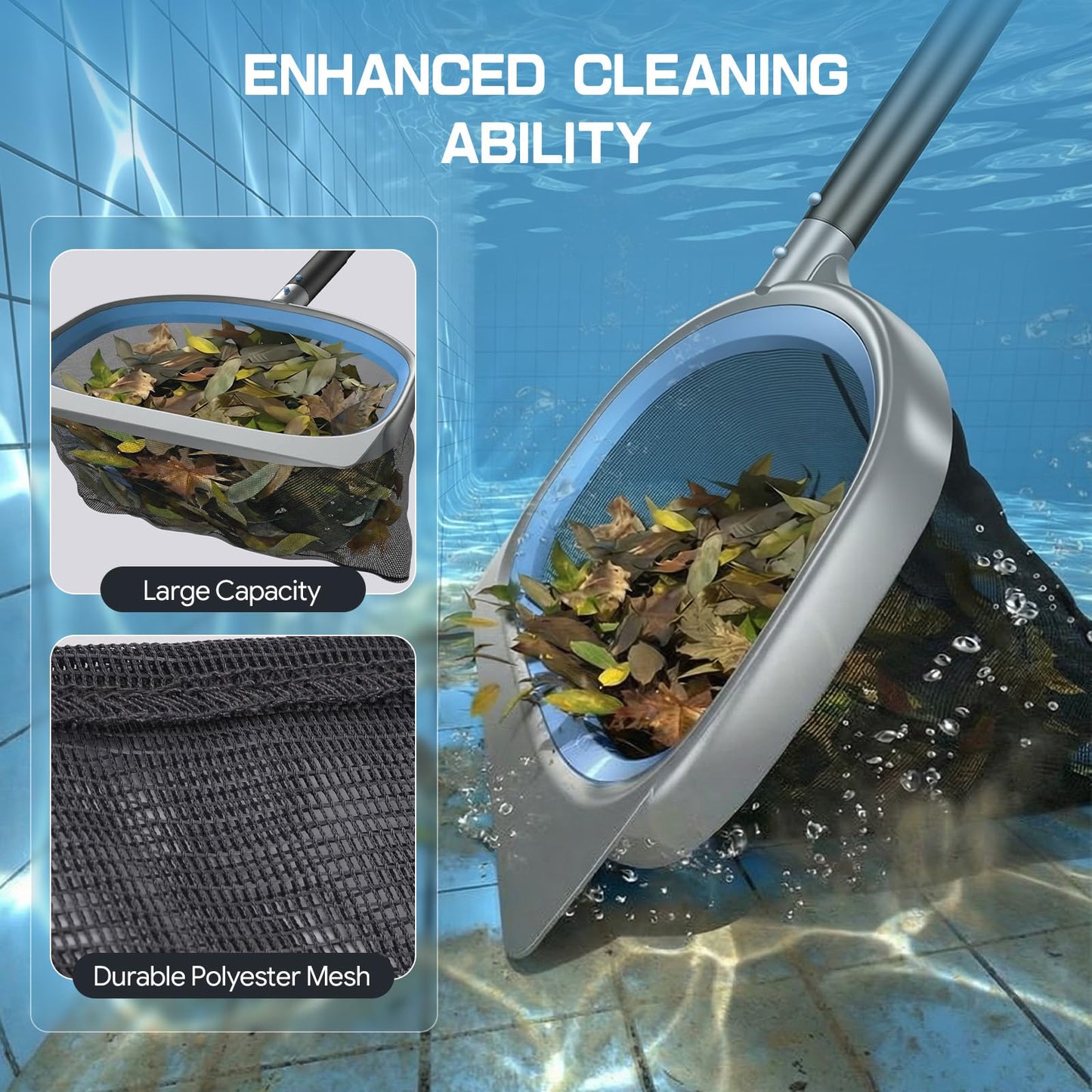 UIRWAY 3-in-1 Deluxe Swimming Pool Cleaning Kit - Includes Pool Brush with Detachable Side Round Ends, Deep Leaf Skimmer Net & Flat Fine Mesh Net for Inground & Above Ground Pools Cleaning(No Pole)