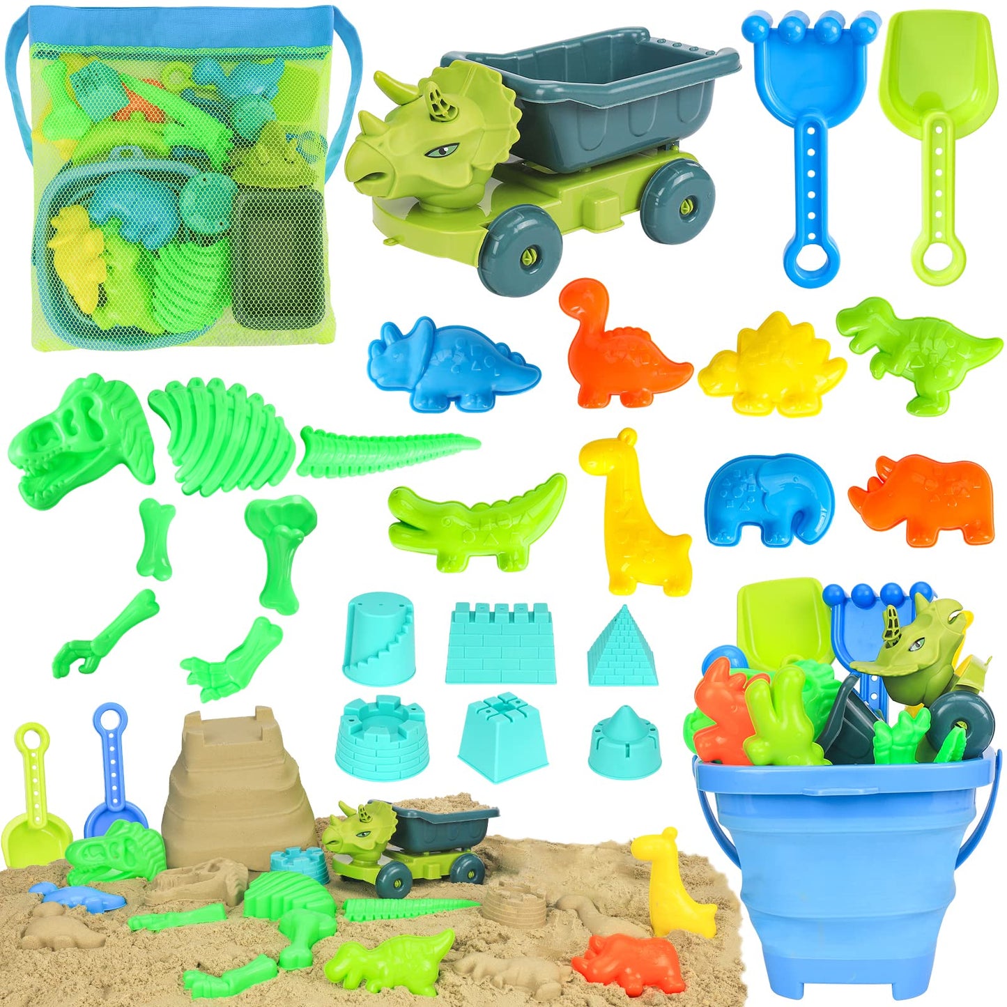 FUSPWEAO Beach Toys, Dinosaur Sand Toys with Dump Truck and Collapsible Beach Bucket, Shovel and Rake, Mesh Bag, Animal Dinosaur Sand Molds, Sand Castle Toy, Sandbox Toys for Toddlers Kids Boys
