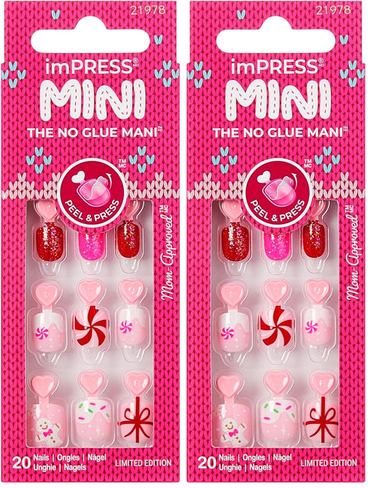 KISS imPRESS Mini Holiday Press On Nails for Kids, ‘Frostsnow’, Pink, Child Size, Squoval Shaped, Mess-Free, Mom Approved, Non-Toxic, Breakaway Application Tabs, Nail File, 20 Fake Nails (Pack of 2)