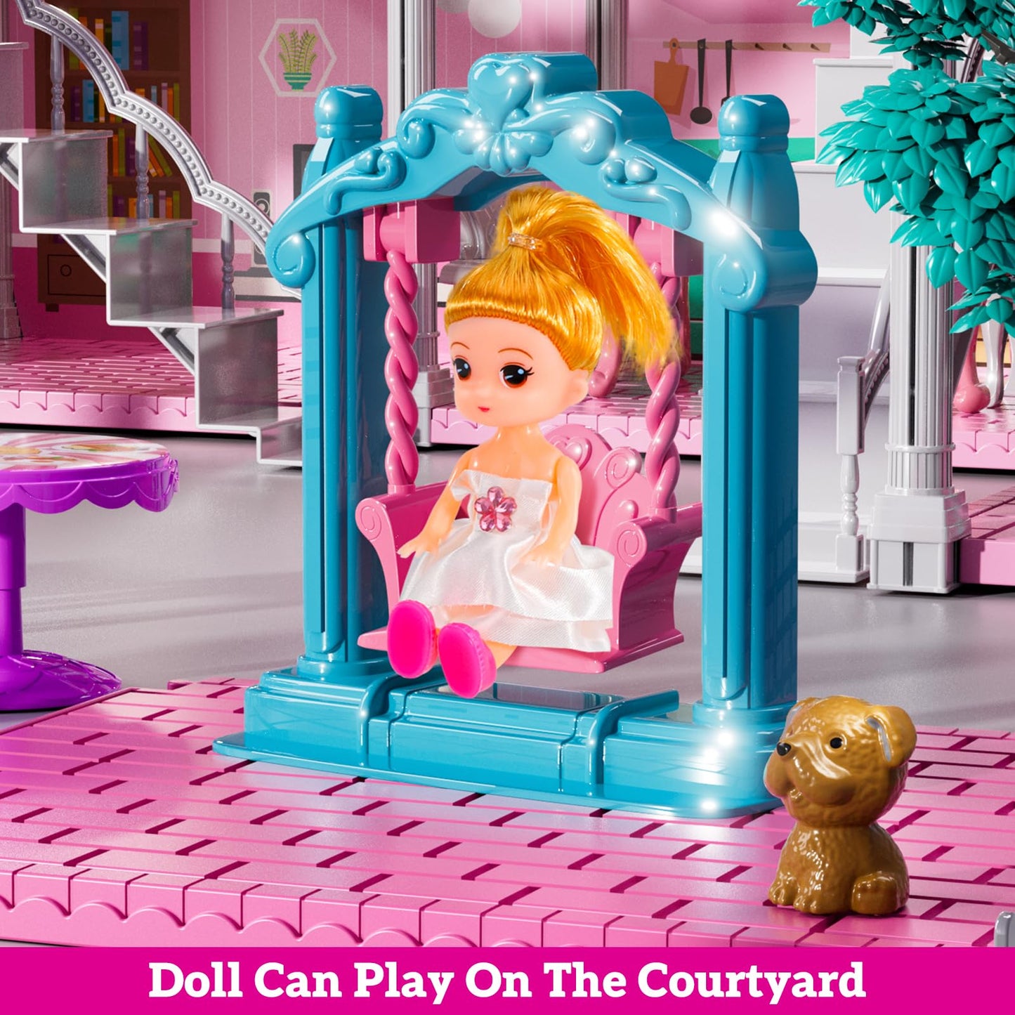 JUKUDAHU Villa Playset for Girls Ages 3-7, 4-Storey House with 10 Rooms, 2 Dolls, Furniture and Accessories, Indoor Playset Girls Toys for Ages 6-8, Pretend Toddler Toys, Birthday Gifts for Kids 4-8
