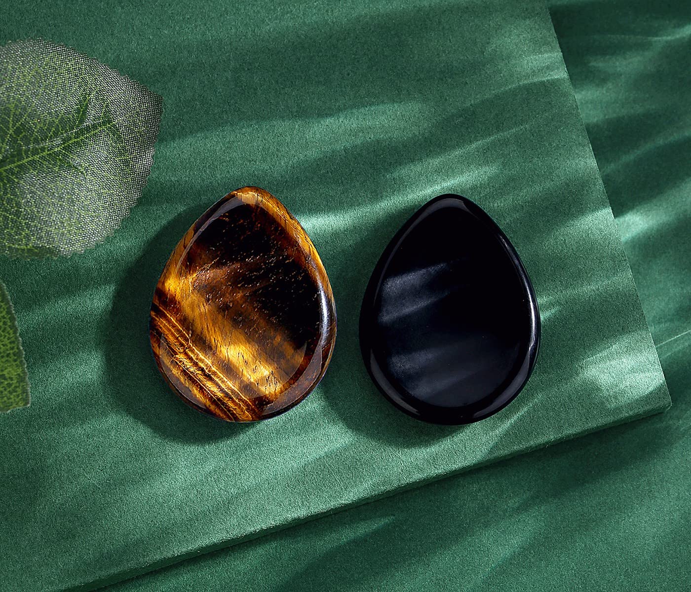 QINJIEJIE 2PCS Worry Stone for Anxiety Tiger's Eye Obsidian Healing Crystals Sets Hand Carved Thumb Stones Pocket Gemstones Meditation Crystal Reiki Relax Palm Stone Anxiety Relief Items