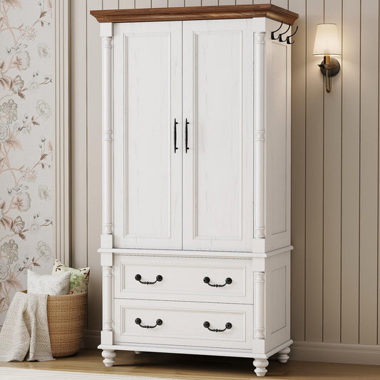 LIKIMIO Farmhouse Armoire Wardrobe Closet with 2 Doors and 2 Drawers, 70" H x 36" W, Large Bedroom Armoire with Roman Column and 3 Hanging Hooks, Wooden Freestanding Closet Cabinet, White