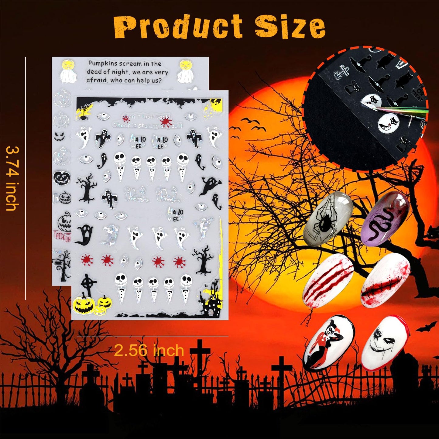 SIUSIO 15 Sheets Halloween Nail Art Stickers Cute Pumpkin Skull Ghost Party Theme 3D Self-Adhesive Horror Witchy Bat Poker Black Nail Decals Nail Supplies DIY Nail Stickers for Women Girls Kids Decor