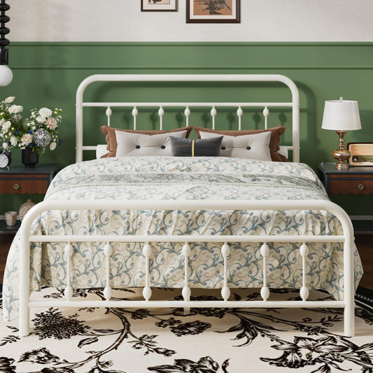 SHA CERLIN Queen Size Metal Platform Bed Frame with Victorian Style Iron-Art Headboard and Footboard, Easy Assembly, Under Bed Storage, No Box Spring Required, Off White