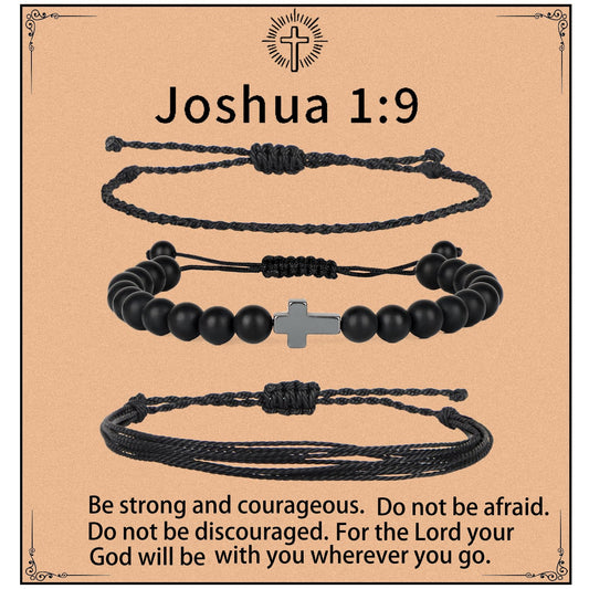 QOGIR Handmade Healing Bracelets,8mm Natural Matte Black Onyx Cross Beaded Bracelet for Men Women Gifts with 2PCS Size Adjustable Rope Bracelets