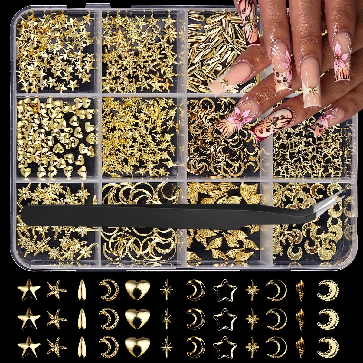 Gold Nail Charms 3D Alloy Star Moon Nail Gems Shiny Ocean Beach Seashell Nail Jewels Multi-Shapes Metal Golden Hearts Nail Art Supplies with Tweezer for Women DIY Acrylic Nail 12 Grids 1 Box