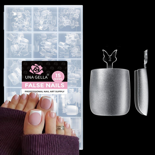 UNA GELLA Square Toe Nail Tips 216Pcs 15Sizes Full Cover Long Wider Toe Nail Tips Soft Gel Pre-etched Double Matte Fake Toe Nails Press Ons For Big Toe Nail Extensions Home DIY Nail Salon Soak Off