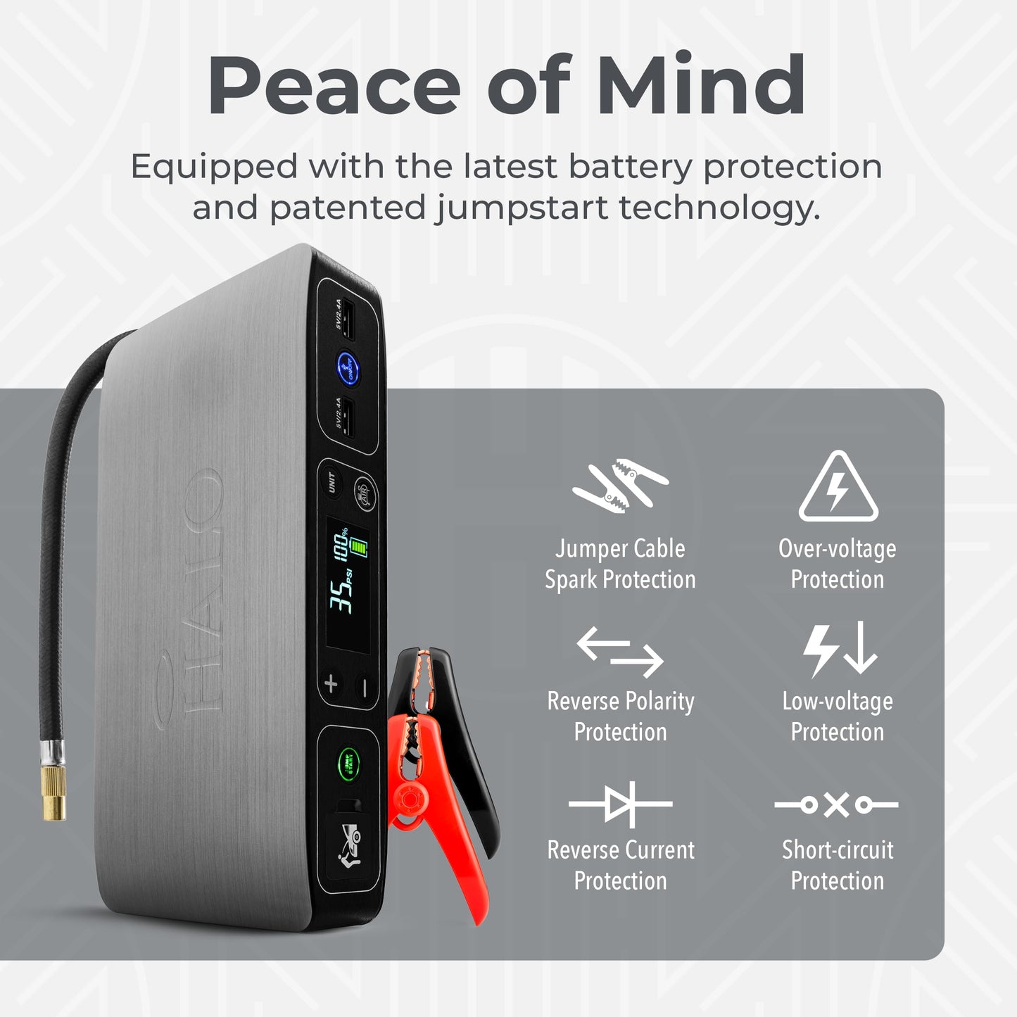 HALO Bolt Air 58830 Portable Car Battery Jump Starter | 100 PSI Air Compressor, 58.8Wh USB Power Bank, Emergency Floodlight & Charger, Jumps Cars SUVs & Trucks, Inflates Tires, TSA Approved — Gray