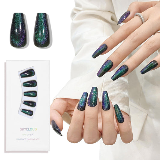 Cat Eyes Press On Nails,12 Sizes - 24 Pcs Soft Gel Dark Green Medium Coffin Fake Nails Kit with Nail Glue, Natural Reusable Stick On False Nails for Women and Girls (Skycloud Dark Green Nails) SK0821