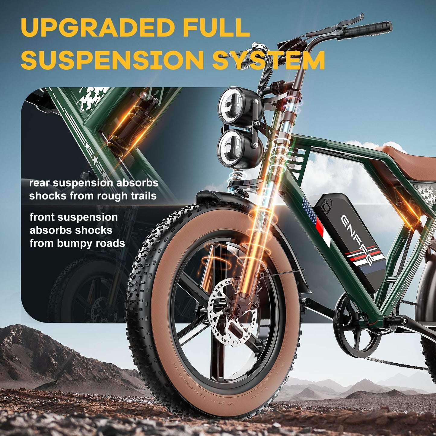 ES2 Ultra Off Road Electric Bike, 22.5 Ah Super Battery Full Suspension Ebike, 92NM Torque Super Power Hydraulics Ebike, Up to 32MPH and 100 Miles, 7-Speed 20" Fat Tire All Terrain Electric Bike