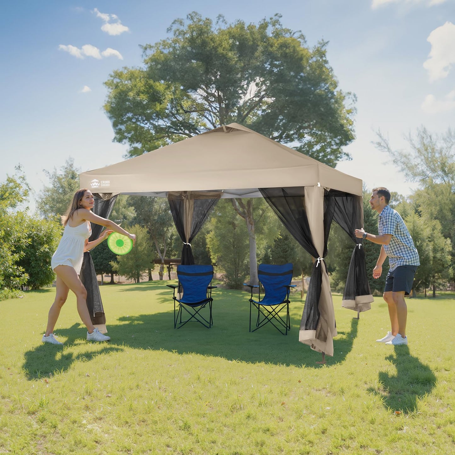 CROWN SHADES Gazebo 10x10 Pop Up Canopy with Mosquito Netting, Screen Tent with 4 Ropes, 8 Stakes, 4 Sandbags and Wheeled Storage Bag, Canopy for Patio & Backyard Parties,Camping&Events -(Beige)
