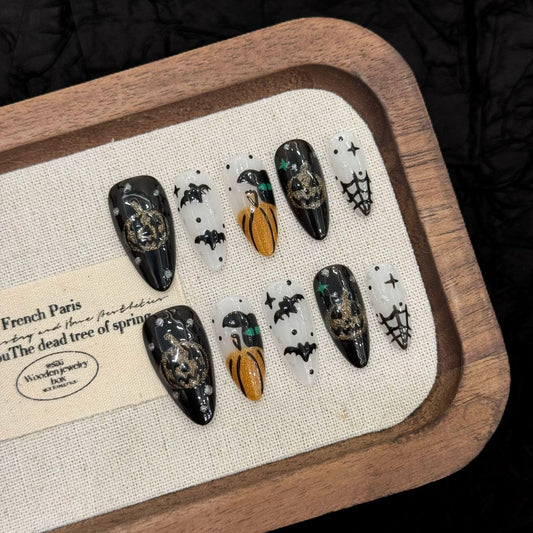 Handmade Press on Nails Halloween Press On Nails, Almond French Tip Fake Nails with Spider & Web Design pumpkin bat, Reusable Stick On Nails for Women, 10pcs (MT-153-M)