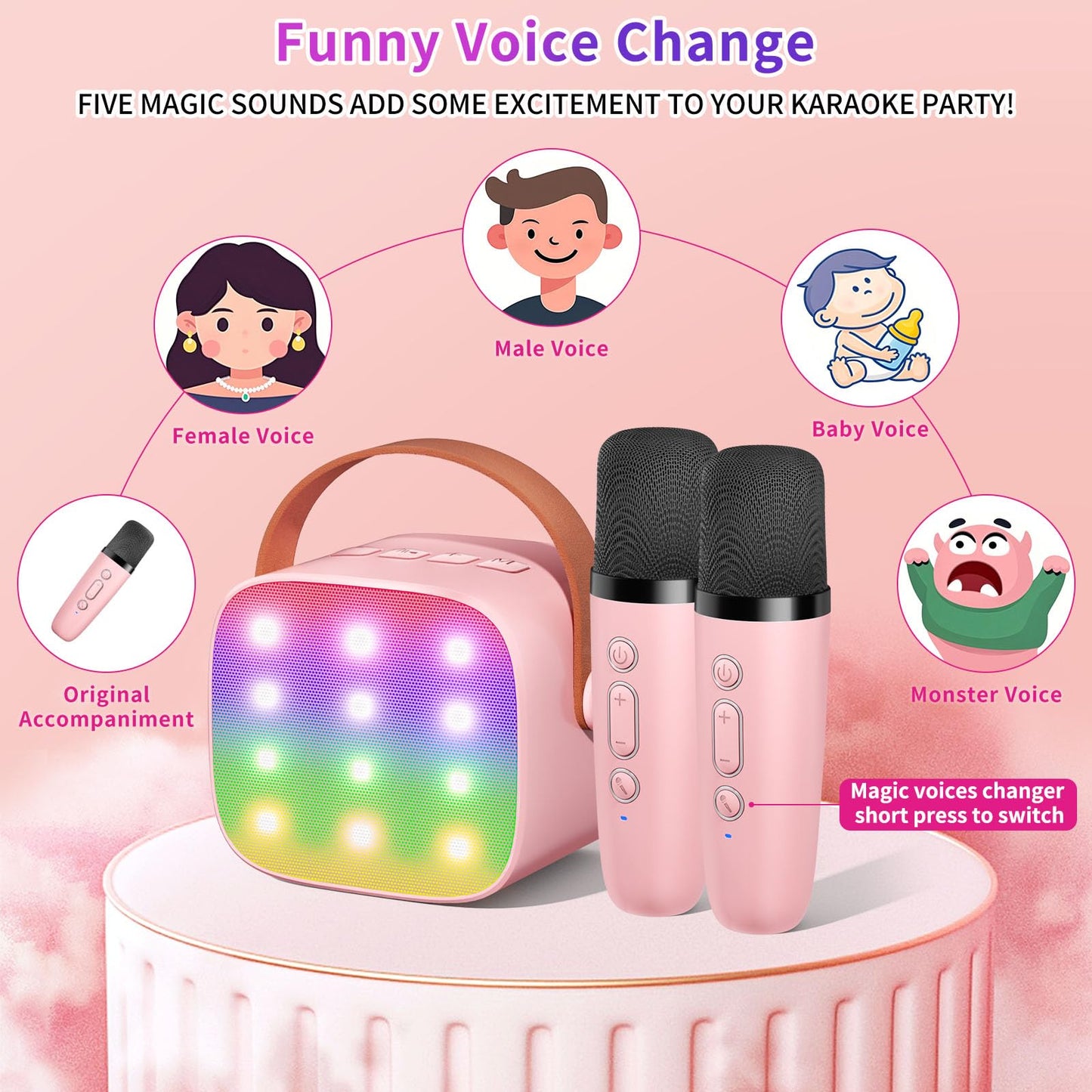 Mini Karaoke Machine Kids Microphone, Haomuren Portable Bluetooth Karaoke Speaker with 2 Wireless Microphones and LED Lights, Christmas Birthday Party Gifts for Kids & Adults