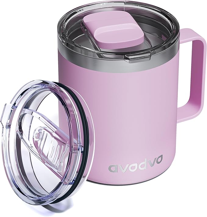 12oz Insulated Coffee Mug with Lid â Includes Two Lids, Stainless Steel Coffee Travel Mug with Handle, Double Wall Vacuum Insulated Camping Mug for Home, Office & Outdoor, Pink
