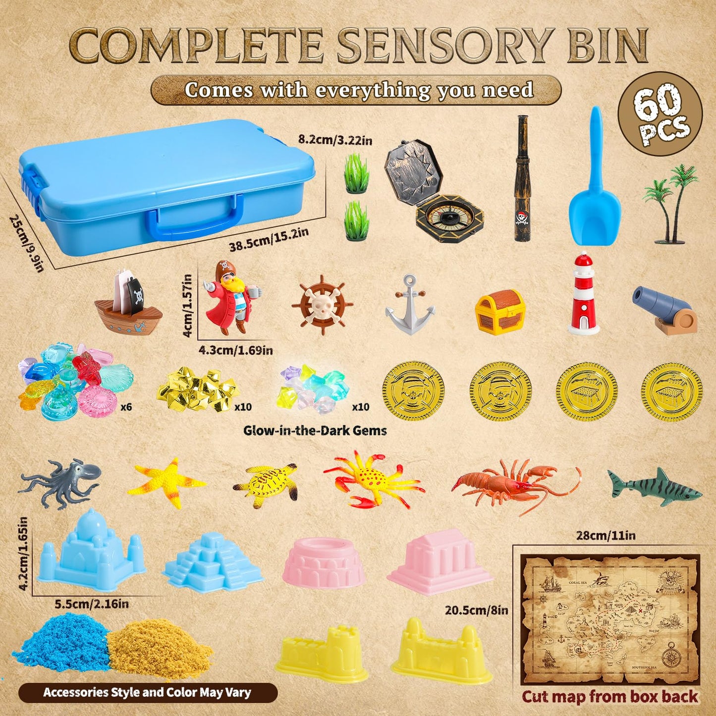 KNASON Pirate Treasure Chest Sensory Bin,Play Sand Kit for Boys with Pirate Accessories,2.2lbs Sand,Glow in The Dark Gems and Map,Pretend Play Adventure Sensory Toys for Toddlers Kids Ages 3 4 5 6 7 8