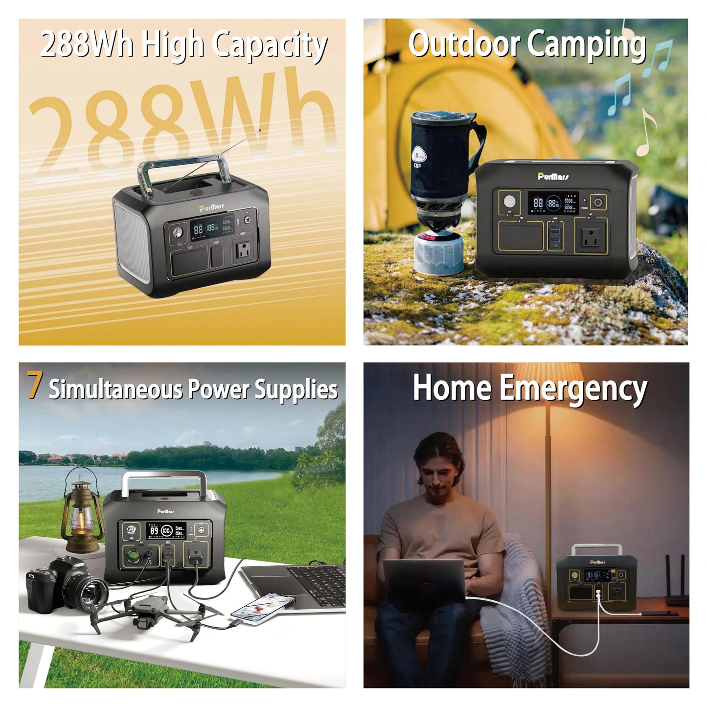 PurMars 300W Portable Power Station (Peak 500W) with Bluetooth Speaker & FM Radio,288Wh Solar Generator,110V AC Outlet,LiFePO4 Power Bank-Portable Power Station for Camping,Solar Power Bank for Home