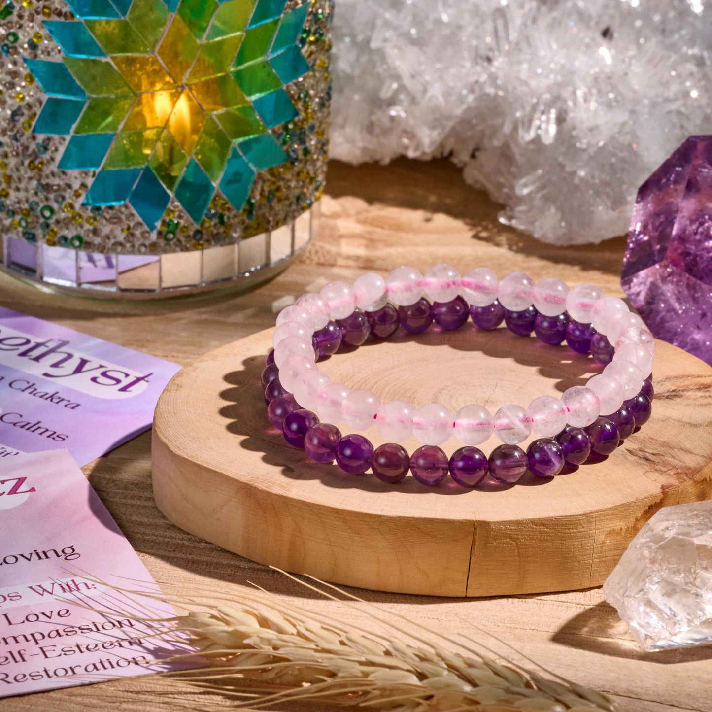 Bivei 2-Piece 8mm Beaded Bracelets for Women – Amethyst, Rose Quartz – Handmade Natural Crystal Stretch Elastic Jewelry for Meditation, Yoga, Protection Gifts