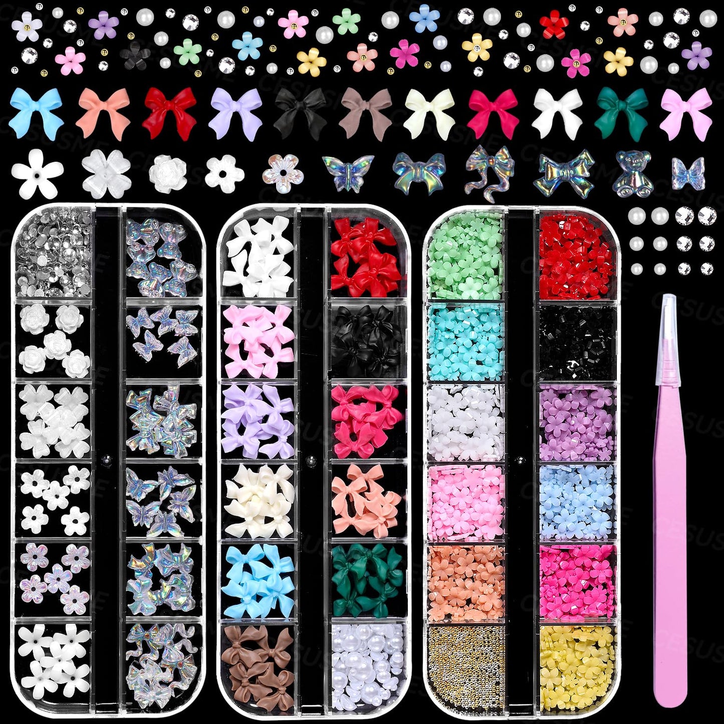 3 Boxes Bow Flower Nail Charms, 3D Color Flowers Nail Bows Charms for Nails Art, Polar Butterfly Bowknot Nail Art Charms, White Rose Flower Charms for Nail Art Jewels Supplies DIY Craft