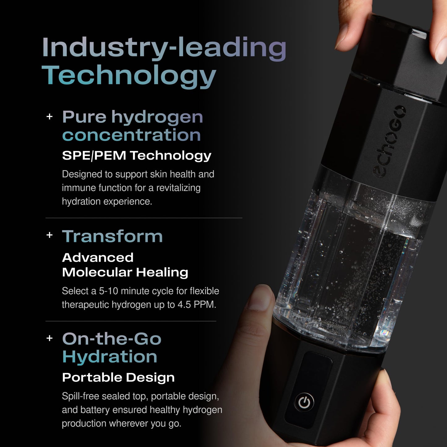 Echo Go+ Hydrogen Water Bottle - Hydrogen Infusion Technology - Rechargeable Water Bottle - SPE & PEM Purification - Active Hydration Support for Skin Health & Immune Function - 10 oz