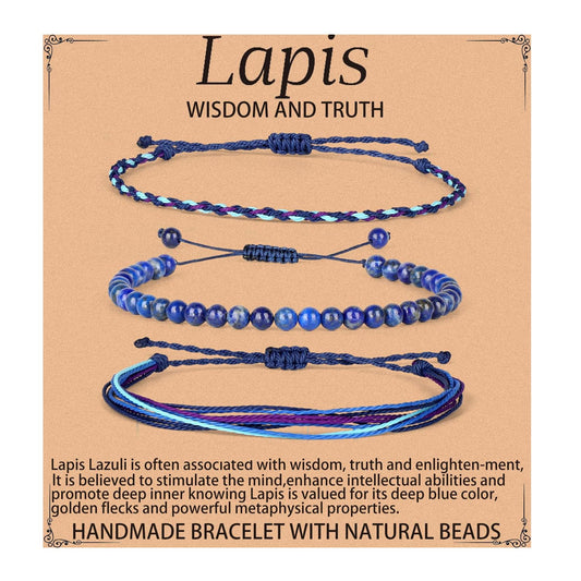 QOGIR Handmade Healing Bracelets for Women,4mm Natural Lapis Lazuli Gem Stone Beads Bracelet,for Men Women Gifts with 2PCS Size Adjustable Rope Bracelets