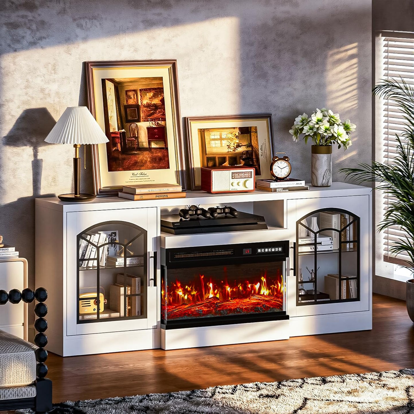 VITESSE 60'' Fireplace TV Stand,3 Sided Glass Media Entertainment Center Console Table for TVs up to 70'' with Storage Drawers & Cabinets with LED Flame and Lights for Living Room,White