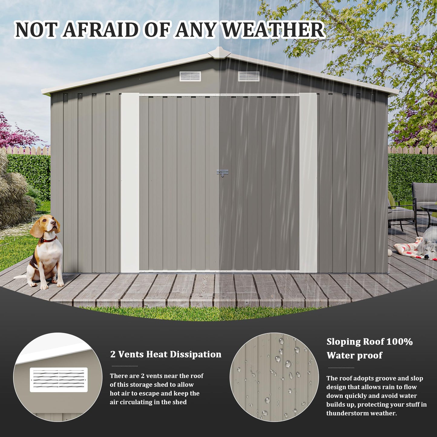 KEIKI 10x 14 FT Metal Storage Shed Outdoor, Large Garden Shed with Roof & Lockable Doors, Utility Tool Sheds Frame & 4 Vents for Patio Backyard Bicycles Storage House, All Weather Use, Light Grey