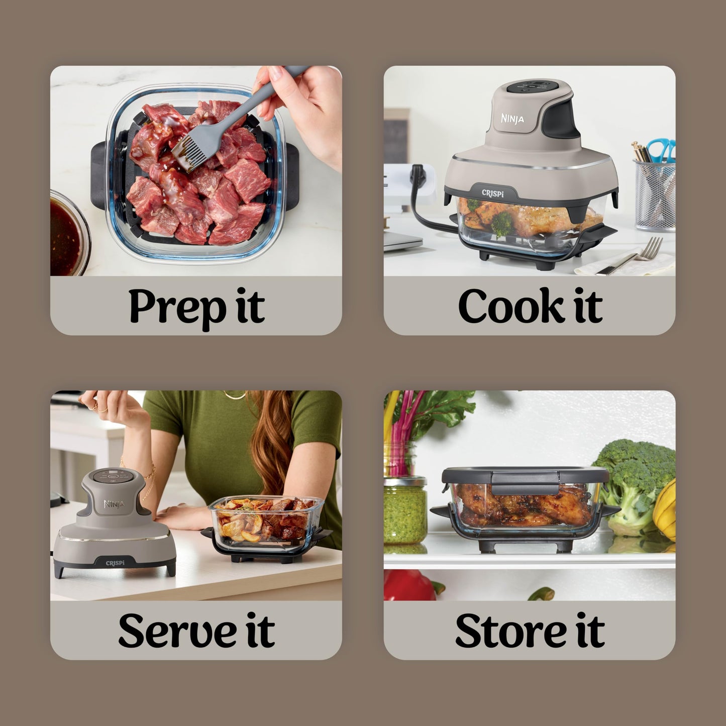 Ninja Crispi 4-in-1 Glass Air Fryer | 450°F | Non-Toxic | 4QT & 6-Cup Glass Containers w/Lids | Microwave, Freezer, Dishwasher Safe | Max Crisp, Air Fry, Bake, Recrisp | Stone | FN101ST
