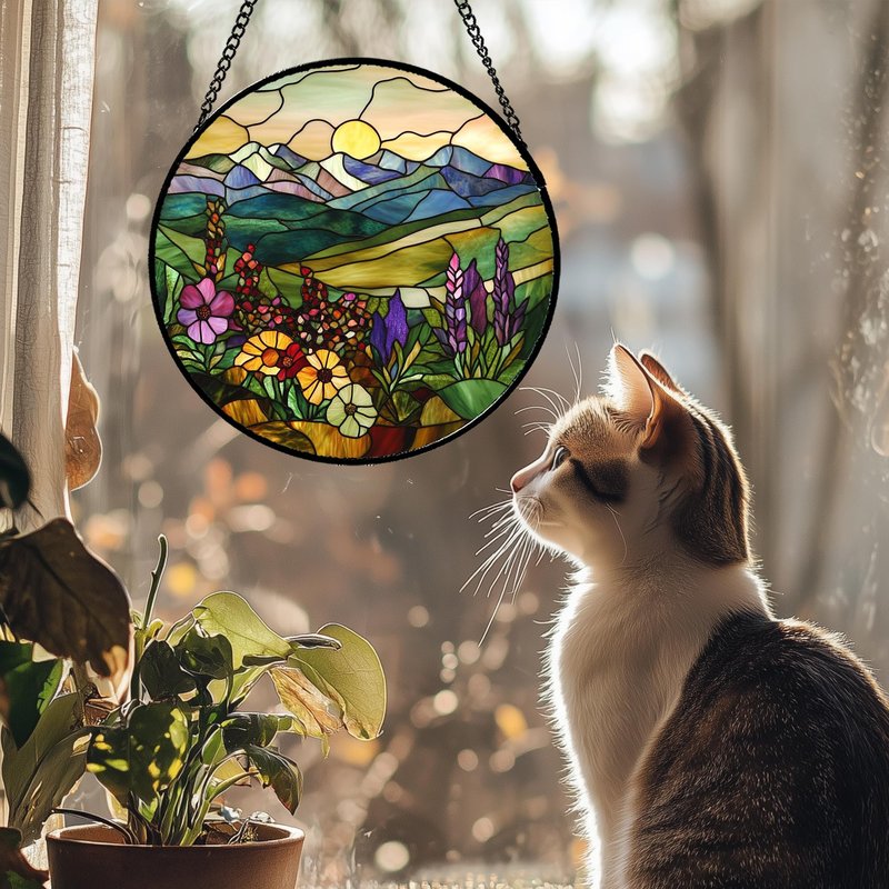 QZQCBLC Stained Glass Window Hanging Purple Wildflowers Pastoral Scenery 7.8" - Suncatcher Door Garden Sun Catcher Home Decor Birthday Christmas for Mom Men Woman Friend